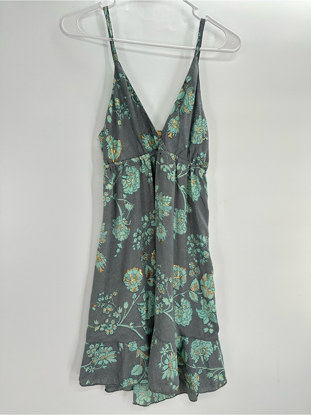 Mandalay Gray Aqua Floral Metallic Gold Babydoll Slip Mini Dress Boho Y2K S/M